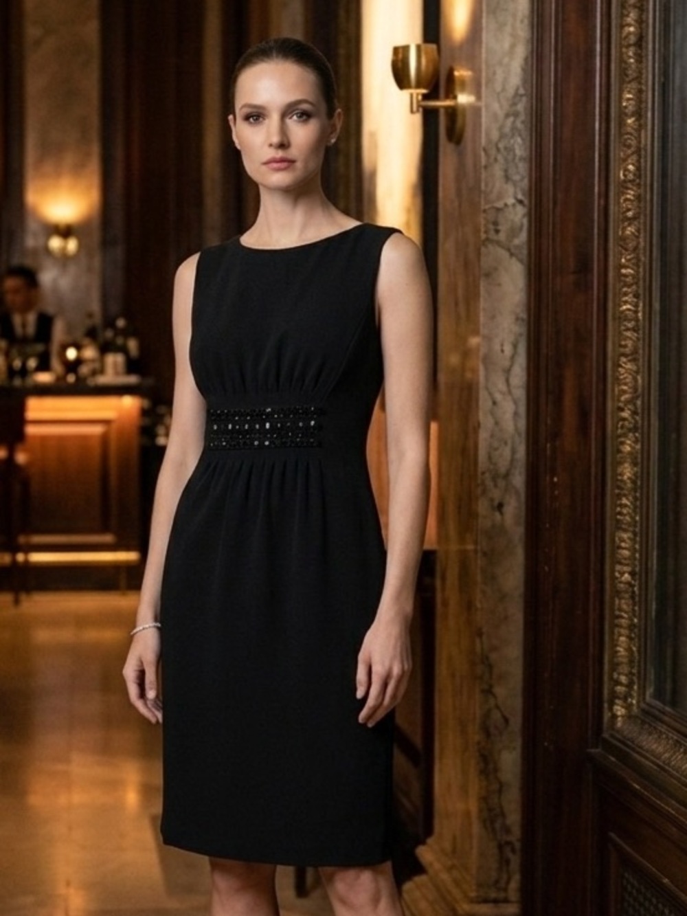 Tahari Arthur S. Levine Black Beaded Waist Midi Dress - Size 10